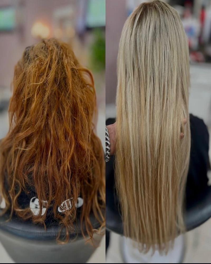 Tape-in hair extensions before after photo St. Petersburg hair stylist